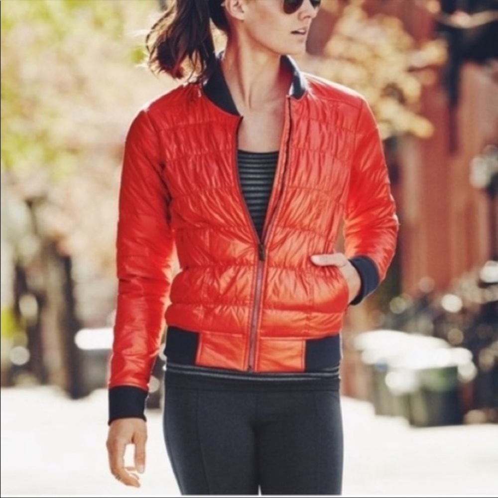 Athleta Quilted Utility Puffer Jacket Red Black Bomber Style Insulated Coat Sz S